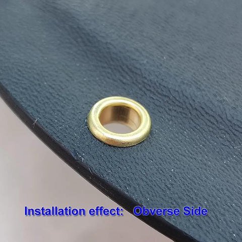 Brass Eyelet Rivets for Holsters 100 Pc Set 8 9 8.4mm Size Gold Color installed on black material, obverse side view