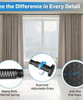 Extra Long Tension Curtain Rod For Patio Windows No Drill Dual-End Adjustable Spring Rod Outdoor Ready And Rust-Proof Easy Install 51 To 166 Inch Reach 1.26 Inch Diameter Black with detail views of internal spring and end caps.