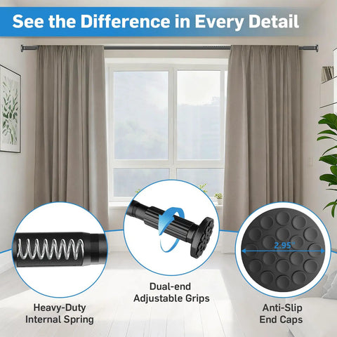 Extra Long Tension Curtain Rod For Patio Windows No Drill Dual-End Adjustable Spring Rod Outdoor Ready And Rust-Proof Easy Install 51 To 166 Inch Reach 1.26 Inch Diameter Black with detail views of internal spring and end caps.