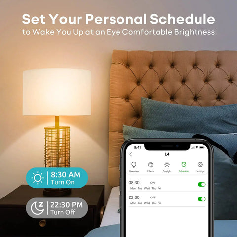 Latest L4 WiFi Smart LED Bulb Dimmable RGBW A21 850 Lumens E26 60W Equivalent in lamp with scheduling app, bedroom setting