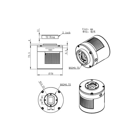 Technical blueprint of ASI294MCPro Cooled Color Astronomy Camera With USB 3.0 11.3 MP CMOS Sensor