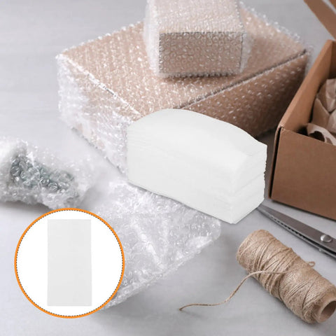 Premium EPE Foam Cushion Packing Bags 100 Pack for Electronics and Valuables on packing table with bubble wrap