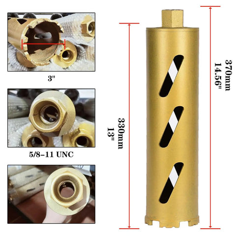 Pro Grade 3 Inch Dry Core Drill Bits For Cured Concrete With Rebar Brick Block Masonry 370mm Length 5/8-11 UNC Thread