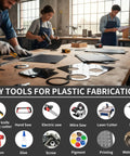 People using tools for plastic fabrication on a workbench in a workshop, with images of DIY tools such as saws, drills, and glue.