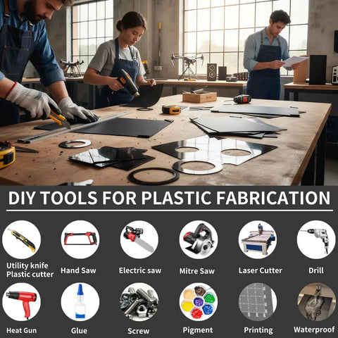 People using tools for plastic fabrication on a workbench in a workshop, with images of DIY tools such as saws, drills, and glue.