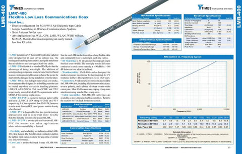Catalog details for LMR-400 coax, showcasing low loss specifications and graph, ideal for 35 Foot LMR 400 Coax Extension N Male To N Female For Outdoor Ham Radio WLAN CB And WiFi Antennas Low Loss 50 Ohm Feedline UV Resistant Coax Cable Built Beefy Durable For Long Lasting Setup