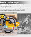 Comparative view of 5 In 1 Miter Saw Dust Collection Adapter And Vacuum Hose Connector Pro Grade Upgrade installed on saw.