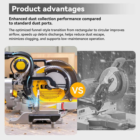 Comparative view of 5 In 1 Miter Saw Dust Collection Adapter And Vacuum Hose Connector Pro Grade Upgrade installed on saw.