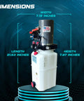 Compact 12V DC Hydraulic Power Unit With Single And Double Acting Capabilities 6 Quart Tank Built Tough Shown with Dimensions