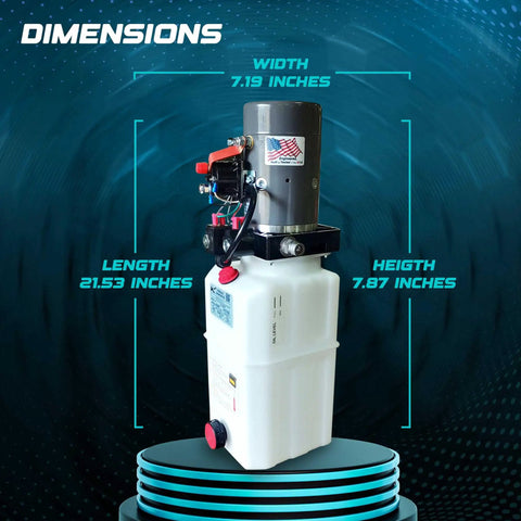 Compact 12V DC Hydraulic Power Unit With Single And Double Acting Capabilities 6 Quart Tank Built Tough Shown with Dimensions