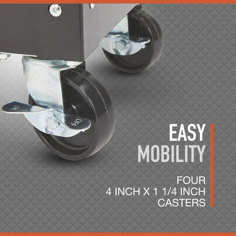 Close-up of caster wheels on the 28 Inch Two Drawer Tool Cart With Locking Top And Smooth Rolling Ball Bearing Slides, 350 Pound Capacity, Pro Grade Heavy Duty Mobile Toolbox For Shop Or Garage, Sturdy Steel Construction And Easy Access