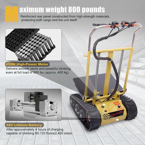Ultra Heavy Duty Electric Stair Climbing Dolly With 880 Lb Capacity And 360 Degree Turn Swivel showing 850W motor and tracks.