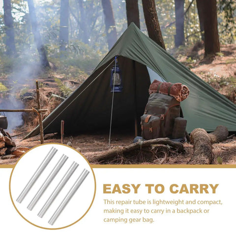 Lightweight Aluminum Tent Pole Repair Tubes 4 Pack Connectors For Easy On The Fly Fix in front of green camping tent in forest.