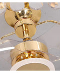 Top Shelf Modern LED Crystal Ceiling Fan Light With Three Color Temperature Control showing gold base and clear blades, ideal for stylish interiors.