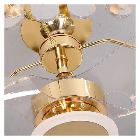 Level Up Your Room Flow With This Modern Led Crystal Ceiling Fan Light Featuring Three Color Temperature Control perfect for living room bedroom or restaurant setup, showcasing a gold and clear design.