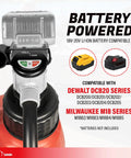 Grab And Go Cordless Fuel Transfer Pump Featuring Auto Stop Safety And Comfort Grip 4 Gpm shows battery compatibility with Dewalt and Milwaukee models.