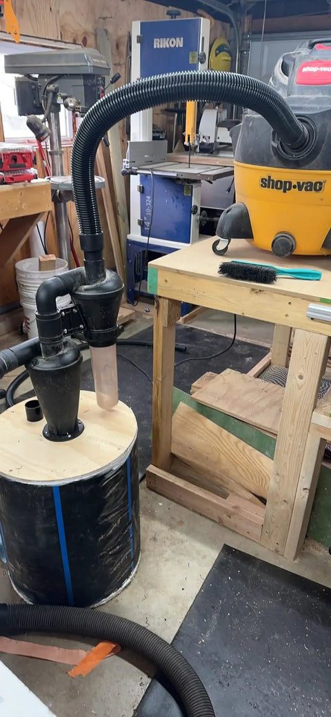 Double Filtration Cyclone Dust Collector for Woodworking, 2 Inch OD DIY Turbocharged Filter System setup in a workshop