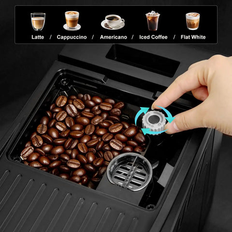Get That Fresh Barista Hit Without The Hustle Using This Automatic Espresso Coffee Machine Loaded With A Built In Grinder And Auto Milk Frother For Slick Bean To Cup Brewing And Smooth Flavor Daily, showing coffee beans and grinder settings.