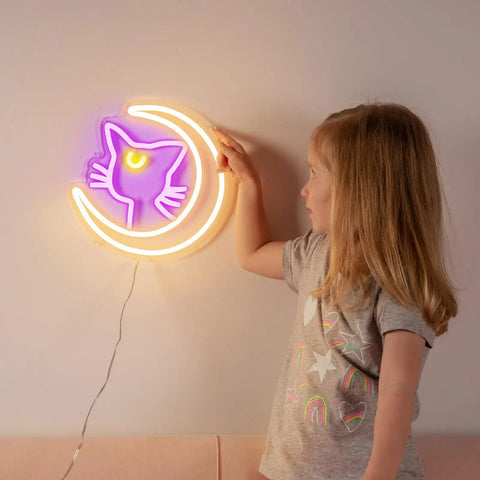 Anime Luna Neon Sign LED Dimmable Moon Cat Night Light for Bedroom Wall Decor Lit Pink Kawaii Neon Light for Girls Room