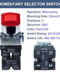 Three Position Momentary Rotary Selector Switch With Red LED Indicator, 22mm Mounting Hole, 110V AC, 10A, 2NO 1NC, front view