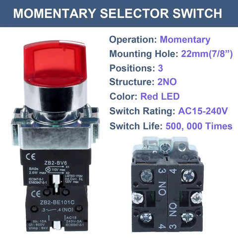 Three Position Momentary Rotary Selector Switch With Red LED Indicator, 22mm Mounting Hole, 110V AC, 10A, 2NO 1NC, front view