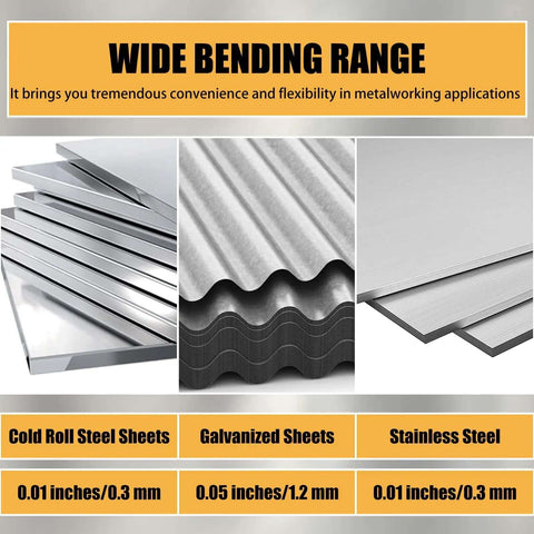 Wide bending range for 12 Inch Sheet Metal Folding Tool With Dual Depth Gauges One Inch And Three Eighths Inch Depth For HVAC Roofing
