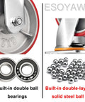 Heavy Duty Workhorse Caster Set Of Four Smooth Rolling Polyurethane Wheels With Double Ball Bearings and Swivel Brake for Effortless Cart Shop Industrial Replacement close-up of bearings and wheels.