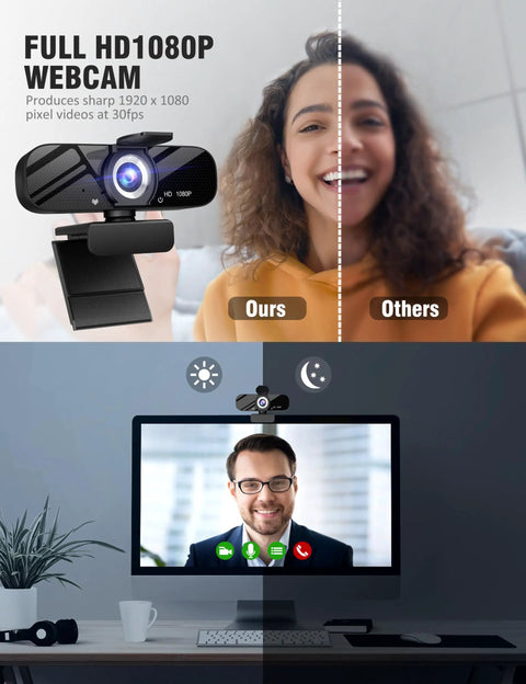 Top Shelf 1080P HD Webcam With Snappy Internal Audio Mic And Sturdy Swivel Stand, Ultra Clear Wide Angle Lens With Privacy Shutter, showing sharp clarity in video calls.