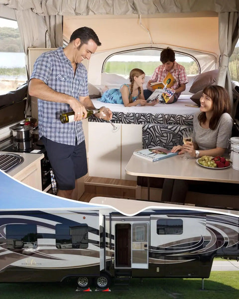 Family enjoying time together in an RV with RV Leveling Blocks 2 Pack With Ramp Kit for Camper and Travel Trailer installed.