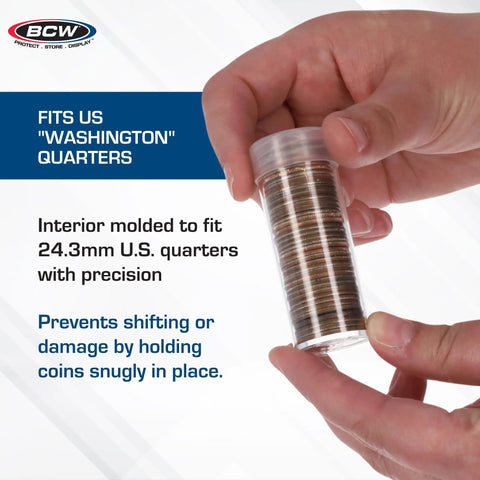 Person holding Coin Storage Tubes For 40 Quarters, Archival Quality Plastic Holders With Screw On Caps, 100 Pack
