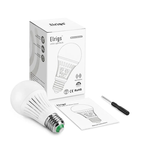 Motion Sensor Light Bulb With Dusk To Dawn Sensor E26 Base 7W LED 60W Equivalent Warm White 3000K on box with manual and screwdriver