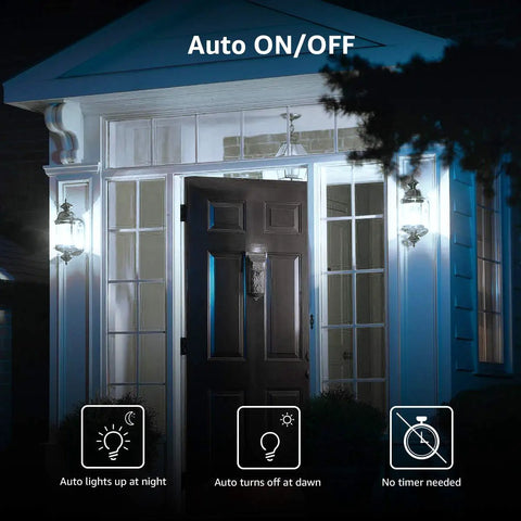 Outdoor porch with auto on/off lighting using Outdoor Dusk To Dawn LED Bulbs Two Pack With Auto On Off Sensor 9W 806 Lumens.