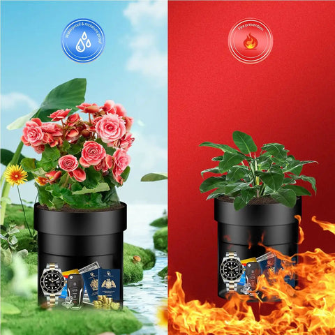 Fire Resistant Steel Flower Pot Stash Safe With Lock Hidden Safe Box Dual Layer Design Upper ABS Plant Pot Lower Steel Compartment With False Bottom For Hidden Valuables Black with plants and valuables, two scenarios fire and water protection