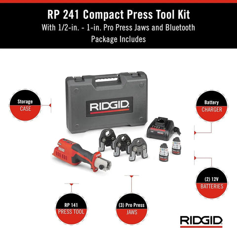 Compact Press Tool Kit with One Half to One Inch ProPress Jaws, battery, charger, Bluetooth connectivity, storage case displayed