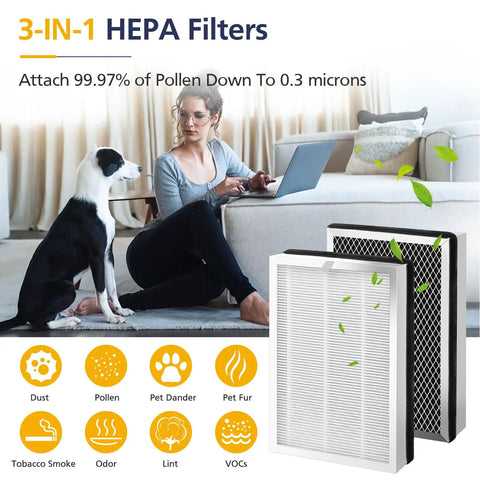 3-in-1 HEPA air purifier filters with icons indicating dust, pollen, smoke, and more, 2 Pack Replacement Air Purifier Filter For S1 W1 B1 Models, 3 In 1 True HEPA Activated Carbon Filter For MA Series 25, Easy Swap, Captures Dust Pollen Smoke Odors, Lasts About 3 To 4 Months On Each Side.