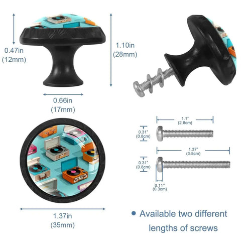Black Cabinet Pull Handles Set With Screws, Record Player Pattern Knobs dimensions and screws detail