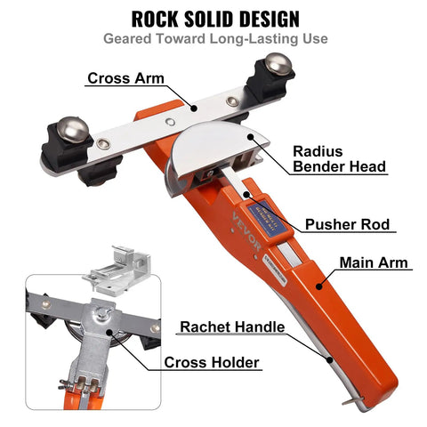 Vevor 1-4 To 7-8 Inch O.D. Ratcheting Pipe Tube Bender with key components labeled for plumbing and HVAC tasks.