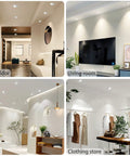 LED Recessed Ceiling Lights Kit, 12 Pack, installed in various settings like corridor, living room, mall, and clothing store.
