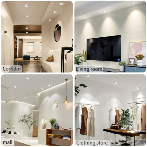 LED Recessed Ceiling Lights Kit, 12 Pack, installed in various settings like corridor, living room, mall, and clothing store.