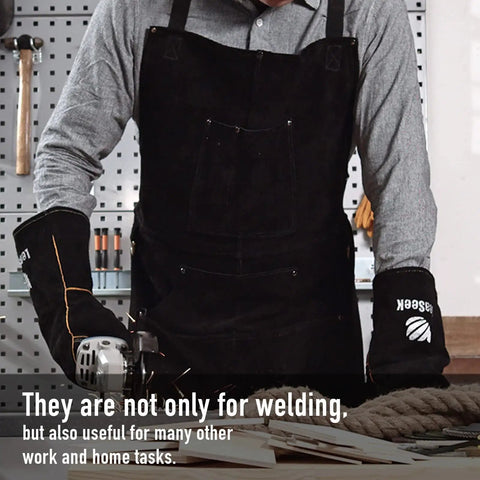Heavy Duty Leather Welding Apron With Heat and Flame Resistant Protection, Forge Grade Cowhide, 24x36 Inch, shown on welder