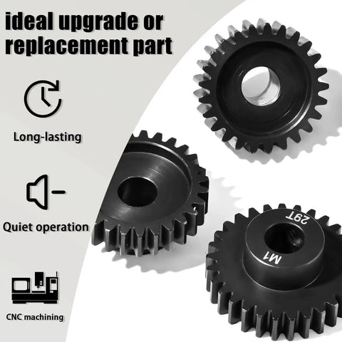 8mm Steel Pinion Gear Set 25T 27T 29T With Laser Engraved Tooth Count For 1/5 X Maxx RC Model Car Buggy Truck Upgrade Mod Gear Compatible With Brushed And Brushless Motors 3 Pcs, featuring three black steel gears, top view