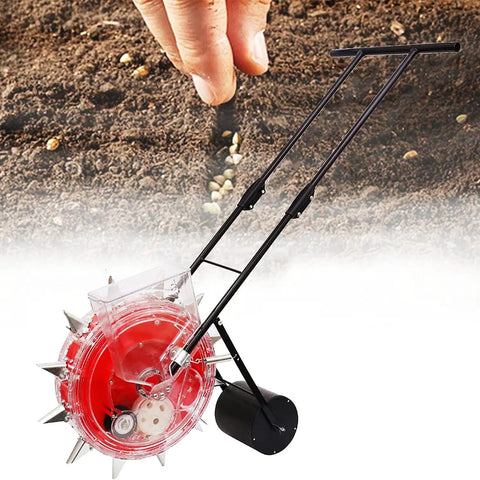 Walk Behind Seed Planter For Corn And Soybeans With 9 Hole Roller And Fertilizer Applicator Clear Seed Storage Box Easy Push Garden Tool