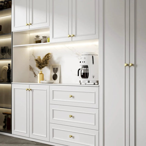White kitchen with 10 Pack Brushed Gold Cabinet Knobs Made From Solid Zinc Alloy For Kitchen Cabinets, Drawers And Cupboards.