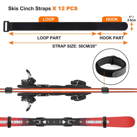 Skis Cinch Straps X 12 PCS for Heavy Duty Steel Ski And Snowboard Wall Mount Rack With Double Hooks And Cinch Straps For Garage Shed Organization Holds Up To Three Hundred Pounds Of Winter Sports Gear In A Rock Solid Setup With No Sweat Assembly.