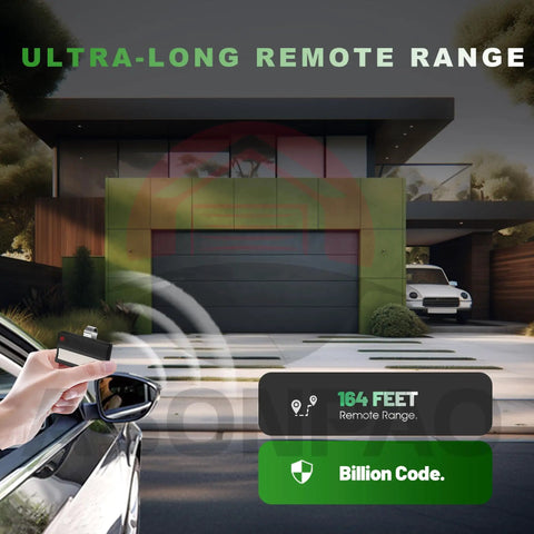 Hand holding Two Pack Replacement Garage Door Opener Remote For Green Learn Button Models From 1993 To 1995 And 1997