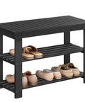 Sturdy Bamboo Shoe Bench With 3 Tier Storage For Entryway Or Bedroom Holds Up To 286 Lb And Keeps Shoes Neatly Tucked On Wide Shelves With A Top Panel For Bags Or Essentials Ink Black with shoes neatly arranged on two shelves