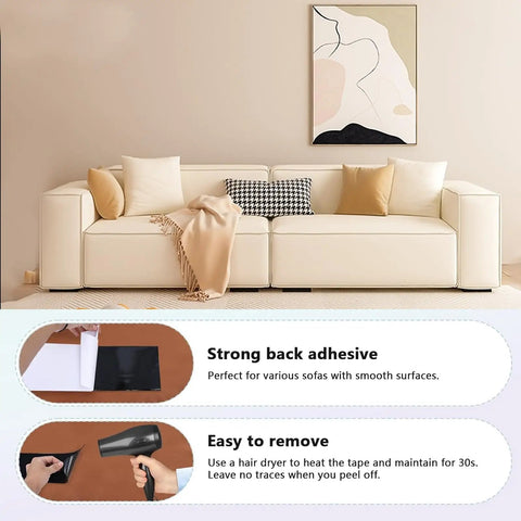 Non Slip Couch Cushion Grips And Adhesive Hook And Loop Tape display with sofa, showing installation and removal instructions.