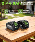 Two 21V 4.0Ah batteries for Cordless 2-In-1 Electric Pruning Shears With Extension Pole placed on a wooden table outdoors.