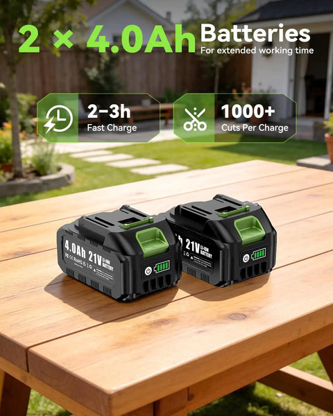 Two 21V 4.0Ah batteries for Cordless 2-In-1 Electric Pruning Shears With Extension Pole placed on a wooden table outdoors.