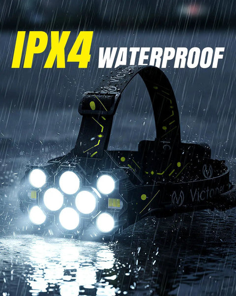 Rechargeable 10 LED Headlamp With 8 And 2 Modes, Red Light Option, Waterproof Headlamp in rain showing IPX4 rating